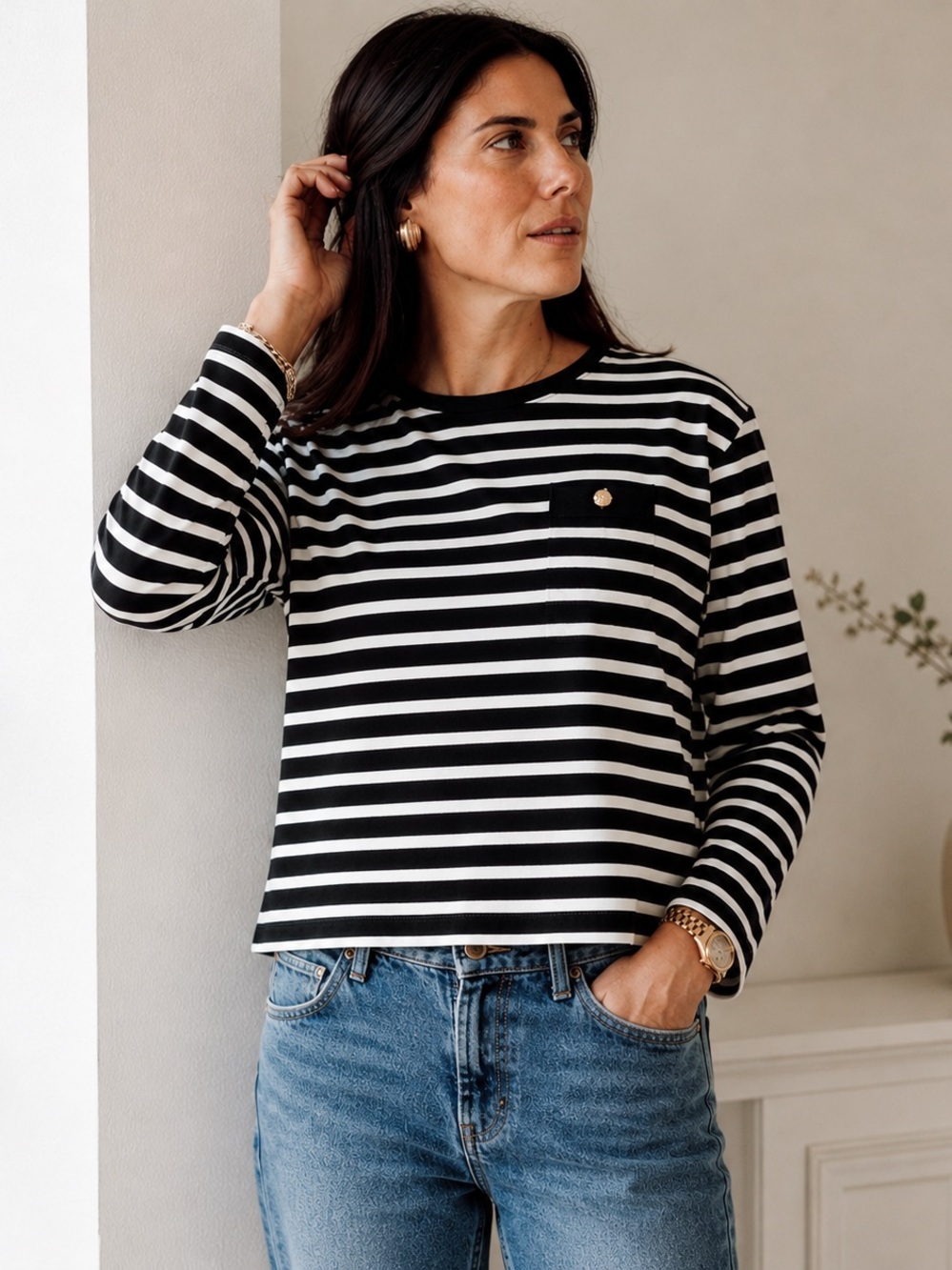 Brunette The Label Black White Striped Gold Button Long Sleeve Top